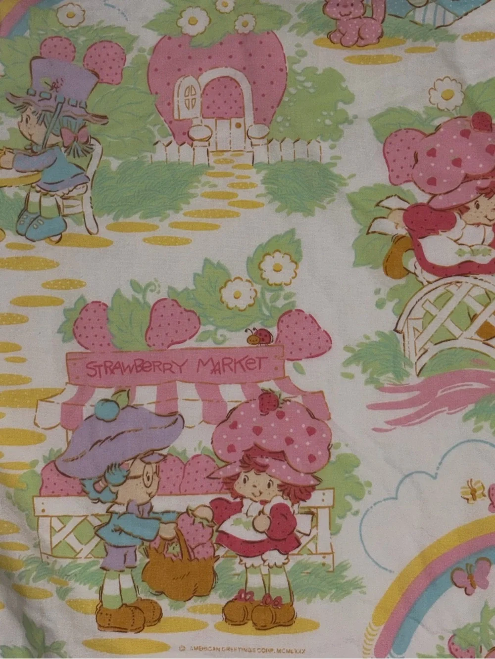 VTG 80s Strawberry Shortcake Twin flat Sheet American Greetings Rainbows Friends